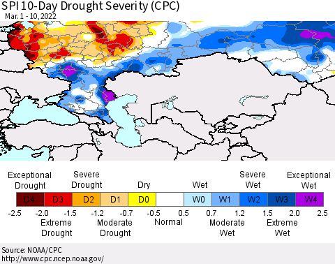 Russian Federation SPI 10-Day Drought Severity (CPC) Thematic Map For 3/1/2022 - 3/10/2022