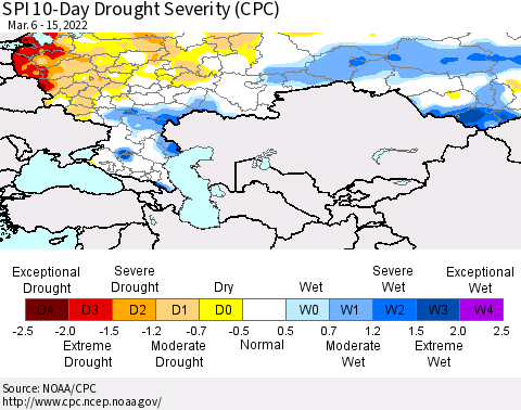 Russian Federation SPI 10-Day Drought Severity (CPC) Thematic Map For 3/6/2022 - 3/15/2022
