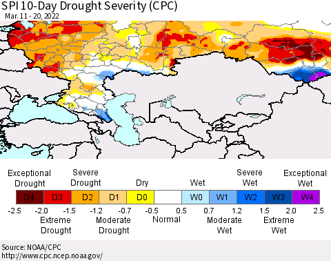 Russian Federation SPI 10-Day Drought Severity (CPC) Thematic Map For 3/11/2022 - 3/20/2022