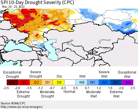 Russian Federation SPI 10-Day Drought Severity (CPC) Thematic Map For 3/16/2022 - 3/25/2022