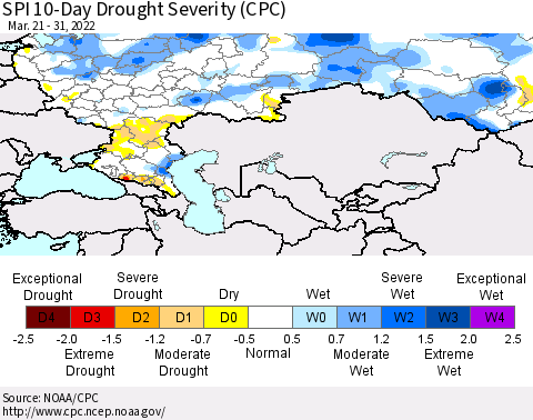 Russian Federation SPI 10-Day Drought Severity (CPC) Thematic Map For 3/21/2022 - 3/31/2022
