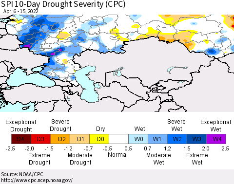 Russian Federation SPI 10-Day Drought Severity (CPC) Thematic Map For 4/6/2022 - 4/15/2022
