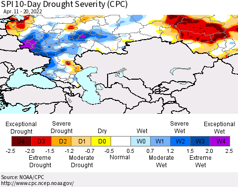 Russian Federation SPI 10-Day Drought Severity (CPC) Thematic Map For 4/11/2022 - 4/20/2022