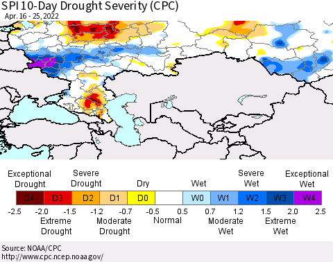 Russian Federation SPI 10-Day Drought Severity (CPC) Thematic Map For 4/16/2022 - 4/25/2022