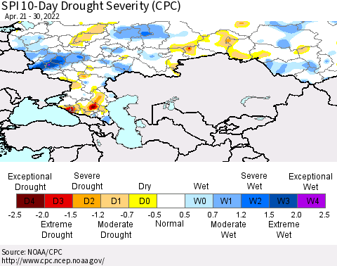 Russian Federation SPI 10-Day Drought Severity (CPC) Thematic Map For 4/21/2022 - 4/30/2022