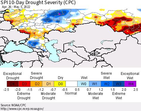 Russian Federation SPI 10-Day Drought Severity (CPC) Thematic Map For 4/26/2022 - 5/5/2022