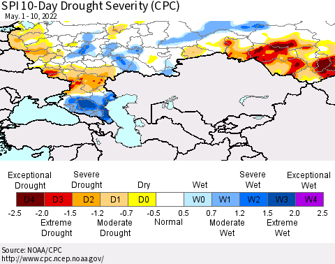 Russian Federation SPI 10-Day Drought Severity (CPC) Thematic Map For 5/1/2022 - 5/10/2022