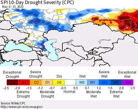 Russian Federation SPI 10-Day Drought Severity (CPC) Thematic Map For 5/6/2022 - 5/15/2022