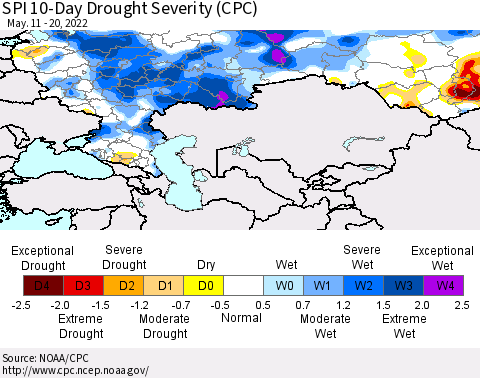 Russian Federation SPI 10-Day Drought Severity (CPC) Thematic Map For 5/11/2022 - 5/20/2022