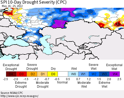Russian Federation SPI 10-Day Drought Severity (CPC) Thematic Map For 5/16/2022 - 5/25/2022