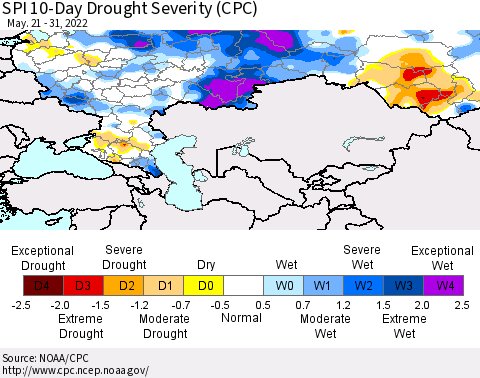 Russian Federation SPI 10-Day Drought Severity (CPC) Thematic Map For 5/21/2022 - 5/31/2022