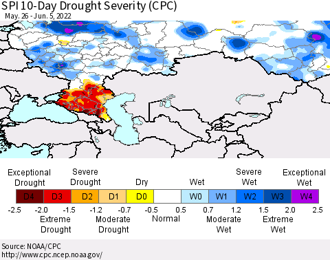 Russian Federation SPI 10-Day Drought Severity (CPC) Thematic Map For 5/26/2022 - 6/5/2022