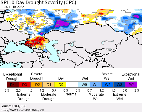 Russian Federation SPI 10-Day Drought Severity (CPC) Thematic Map For 6/1/2022 - 6/10/2022