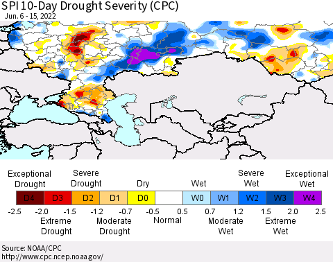 Russian Federation SPI 10-Day Drought Severity (CPC) Thematic Map For 6/6/2022 - 6/15/2022