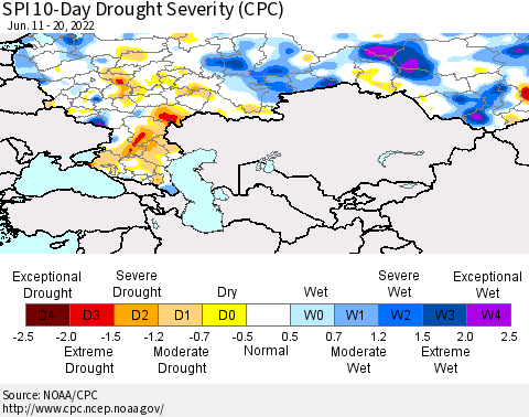 Russian Federation SPI 10-Day Drought Severity (CPC) Thematic Map For 6/11/2022 - 6/20/2022