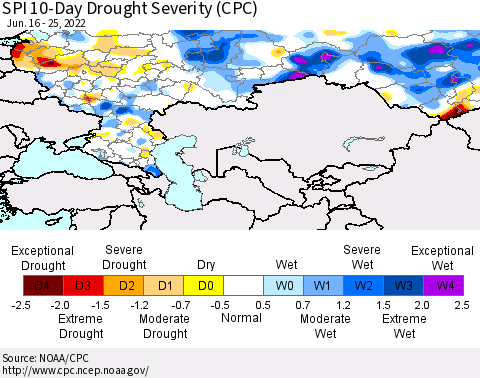 Russian Federation SPI 10-Day Drought Severity (CPC) Thematic Map For 6/16/2022 - 6/25/2022