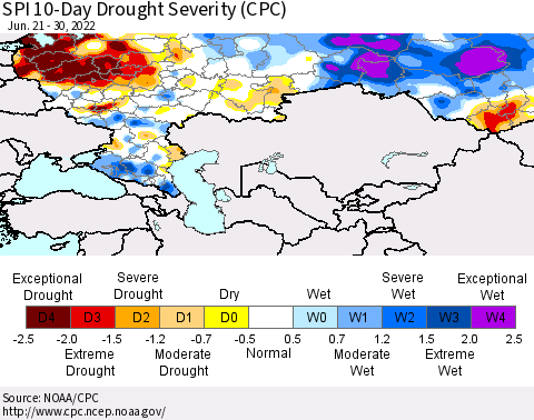 Russian Federation SPI 10-Day Drought Severity (CPC) Thematic Map For 6/21/2022 - 6/30/2022