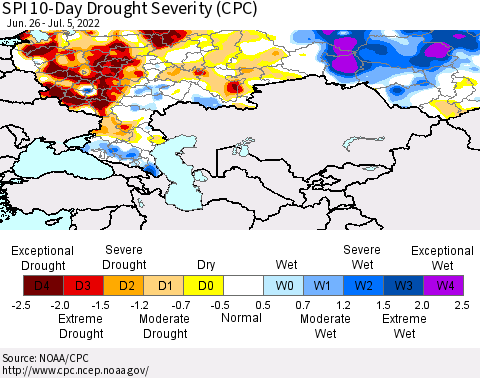 Russian Federation SPI 10-Day Drought Severity (CPC) Thematic Map For 6/26/2022 - 7/5/2022