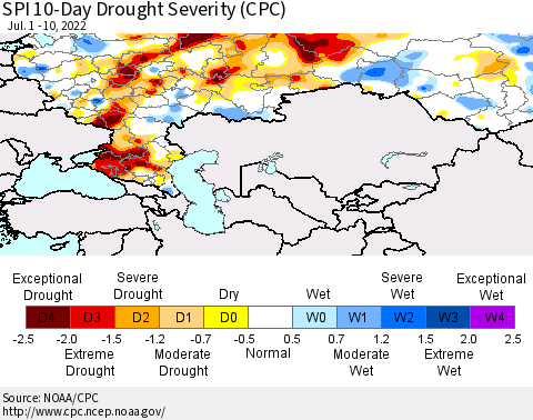 Russian Federation SPI 10-Day Drought Severity (CPC) Thematic Map For 7/1/2022 - 7/10/2022
