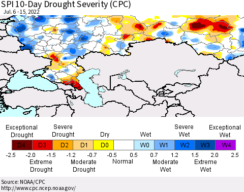 Russian Federation SPI 10-Day Drought Severity (CPC) Thematic Map For 7/6/2022 - 7/15/2022