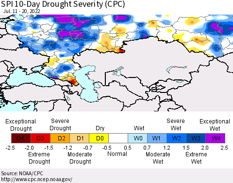 Russian Federation SPI 10-Day Drought Severity (CPC) Thematic Map For 7/11/2022 - 7/20/2022