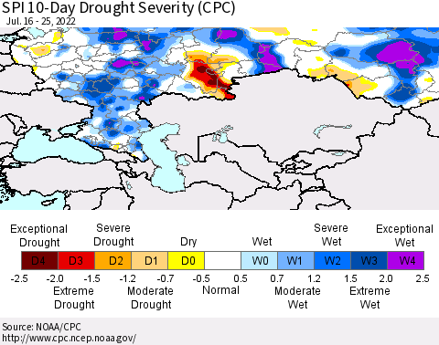 Russian Federation SPI 10-Day Drought Severity (CPC) Thematic Map For 7/16/2022 - 7/25/2022