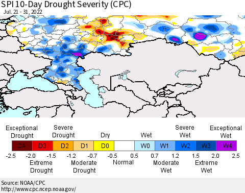 Russian Federation SPI 10-Day Drought Severity (CPC) Thematic Map For 7/21/2022 - 7/31/2022