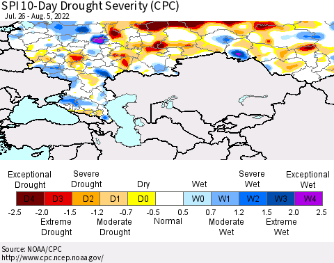 Russian Federation SPI 10-Day Drought Severity (CPC) Thematic Map For 7/26/2022 - 8/5/2022