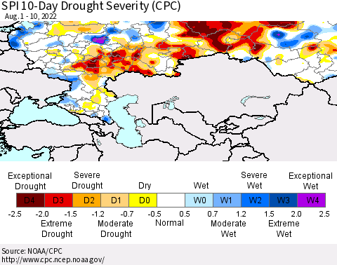 Russian Federation SPI 10-Day Drought Severity (CPC) Thematic Map For 8/1/2022 - 8/10/2022