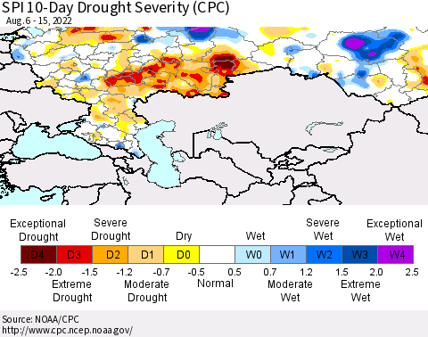 Russian Federation SPI 10-Day Drought Severity (CPC) Thematic Map For 8/6/2022 - 8/15/2022