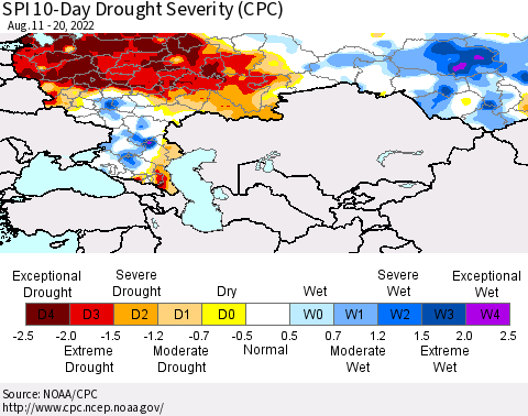 Russian Federation SPI 10-Day Drought Severity (CPC) Thematic Map For 8/11/2022 - 8/20/2022