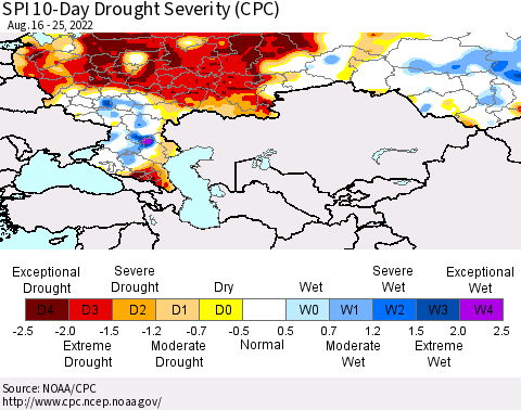 Russian Federation SPI 10-Day Drought Severity (CPC) Thematic Map For 8/16/2022 - 8/25/2022