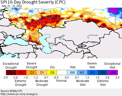 Russian Federation SPI 10-Day Drought Severity (CPC) Thematic Map For 8/21/2022 - 8/31/2022