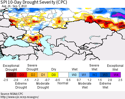 Russian Federation SPI 10-Day Drought Severity (CPC) Thematic Map For 8/26/2022 - 9/5/2022