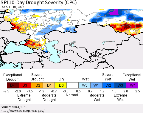 Russian Federation SPI 10-Day Drought Severity (CPC) Thematic Map For 9/1/2022 - 9/10/2022