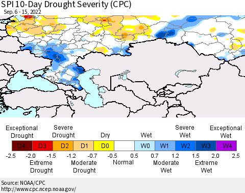 Russian Federation SPI 10-Day Drought Severity (CPC) Thematic Map For 9/6/2022 - 9/15/2022
