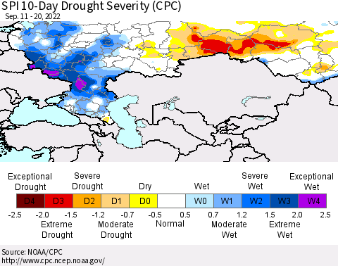 Russian Federation SPI 10-Day Drought Severity (CPC) Thematic Map For 9/11/2022 - 9/20/2022