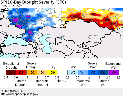 Russian Federation SPI 10-Day Drought Severity (CPC) Thematic Map For 9/16/2022 - 9/25/2022