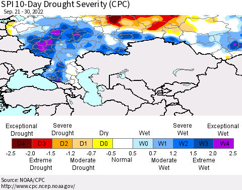 Russian Federation SPI 10-Day Drought Severity (CPC) Thematic Map For 9/21/2022 - 9/30/2022