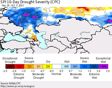 Russian Federation SPI 10-Day Drought Severity (CPC) Thematic Map For 9/26/2022 - 10/5/2022