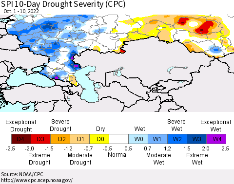 Russian Federation SPI 10-Day Drought Severity (CPC) Thematic Map For 10/1/2022 - 10/10/2022