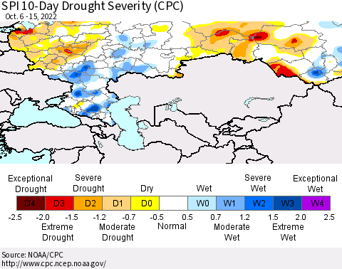 Russian Federation SPI 10-Day Drought Severity (CPC) Thematic Map For 10/6/2022 - 10/15/2022