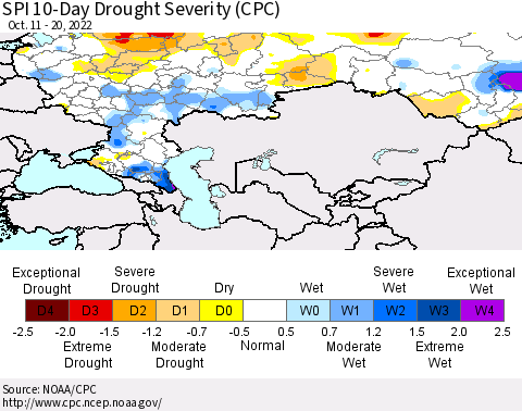 Russian Federation SPI 10-Day Drought Severity (CPC) Thematic Map For 10/11/2022 - 10/20/2022