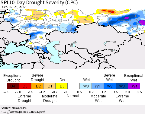 Russian Federation SPI 10-Day Drought Severity (CPC) Thematic Map For 10/16/2022 - 10/25/2022