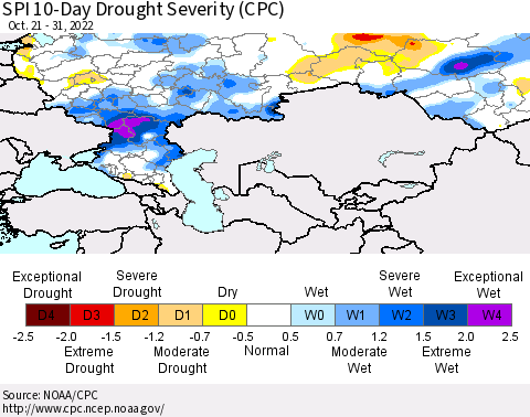 Russian Federation SPI 10-Day Drought Severity (CPC) Thematic Map For 10/21/2022 - 10/31/2022