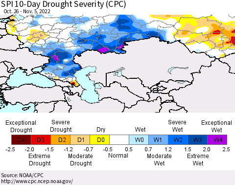 Russian Federation SPI 10-Day Drought Severity (CPC) Thematic Map For 10/26/2022 - 11/5/2022