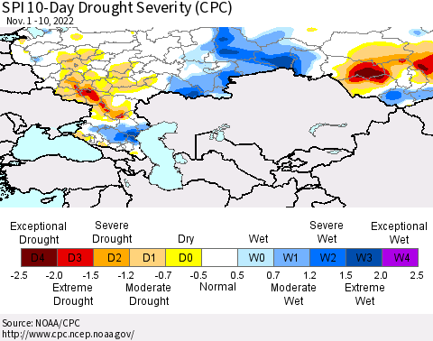 Russian Federation SPI 10-Day Drought Severity (CPC) Thematic Map For 11/1/2022 - 11/10/2022