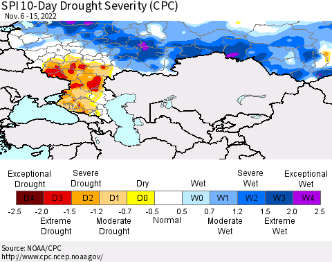 Russian Federation SPI 10-Day Drought Severity (CPC) Thematic Map For 11/6/2022 - 11/15/2022