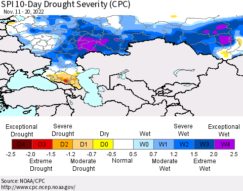 Russian Federation SPI 10-Day Drought Severity (CPC) Thematic Map For 11/11/2022 - 11/20/2022