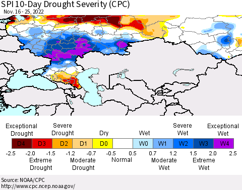 Russian Federation SPI 10-Day Drought Severity (CPC) Thematic Map For 11/16/2022 - 11/25/2022